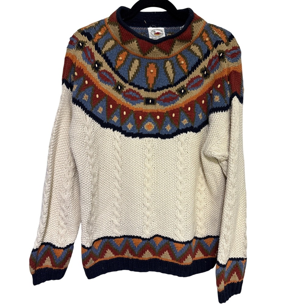 Marsh Landing‎ Hand Knits Women Sweater Size M Fair Isle Cream Cable Knit